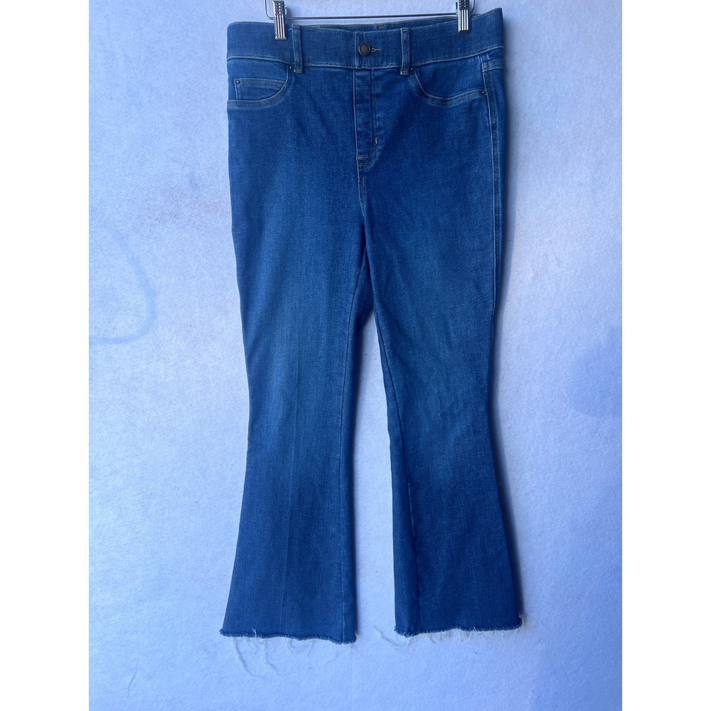 Spanx Flare Jeans Medium Wash Raw Hem High Rise Pull On Denim Size M 474